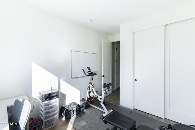 exercise room with dark hardwood / wood-style floors