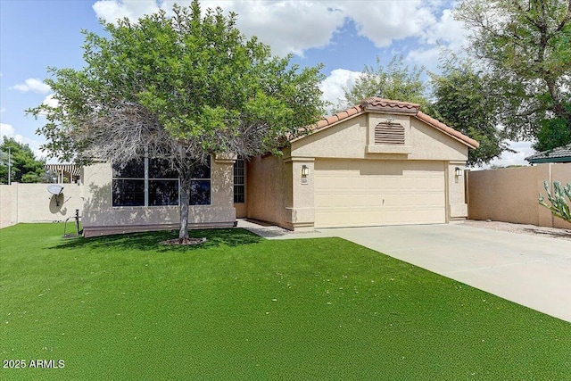 5674 W N Ln, Glendale, AZ 85302 - view of front of property featuring a front yard, a tiled roof, fence, concrete driveway, and stucco siding