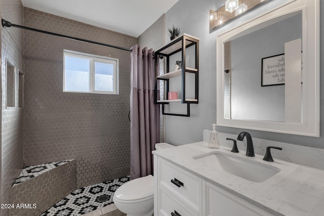 bathroom featuring vanity, toilet, walk in shower, and a wealth of natural light