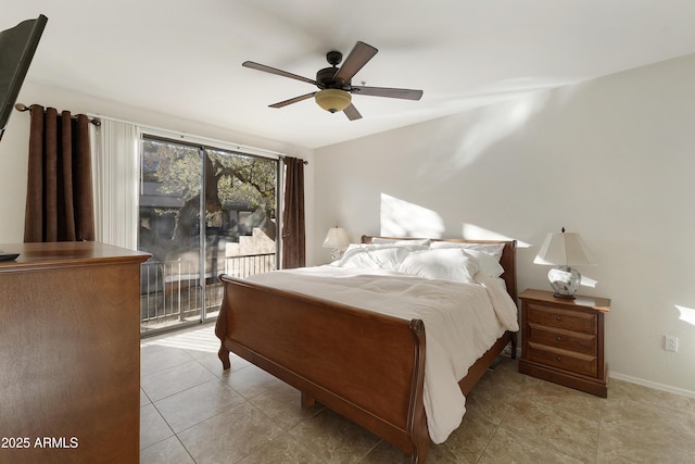 bedroom with ceiling fan, light tile patterned floors, and access to outside