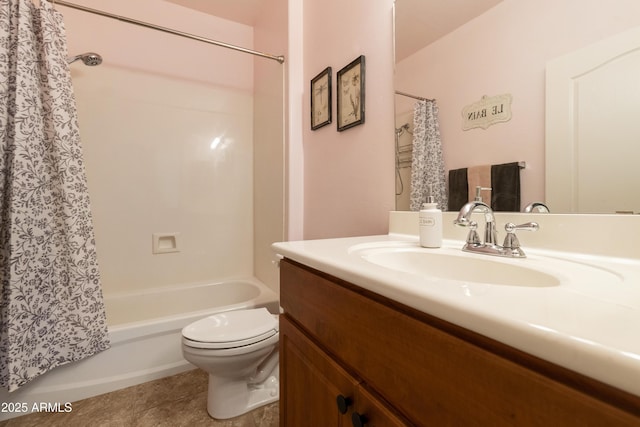 full bathroom featuring vanity, tile patterned floors, shower / bath combination with curtain, and toilet