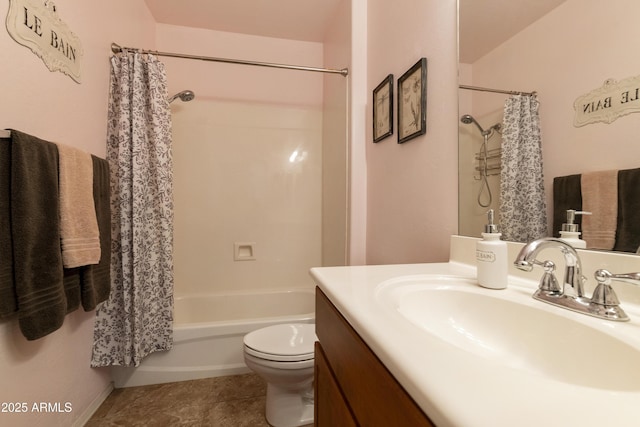 full bathroom with vanity, shower / bath combination with curtain, tile patterned floors, and toilet