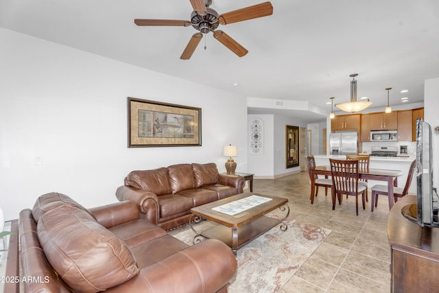 living room with visible vents, recessed lighting, light tile patterned flooring, baseboards, and ceiling fan