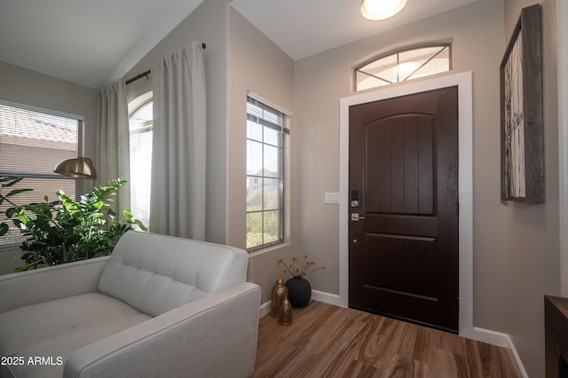 entryway with lofted ceiling and wood-type flooring