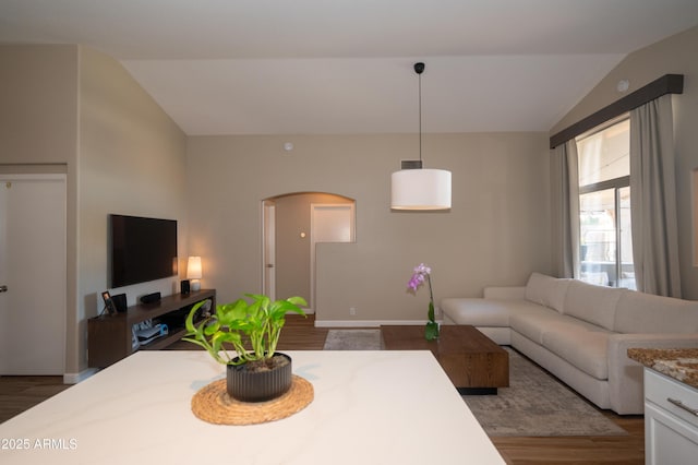 living room with dark wood-type flooring and vaulted ceiling