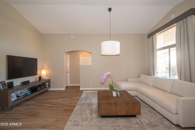 living room with lofted ceiling and hardwood / wood-style floors