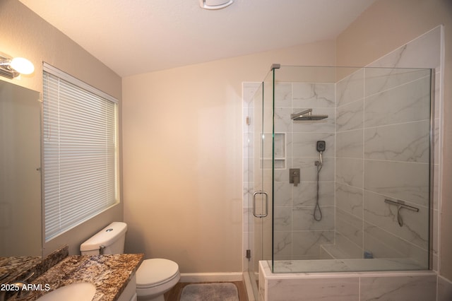 bathroom with toilet, vaulted ceiling, vanity, and a shower with shower door