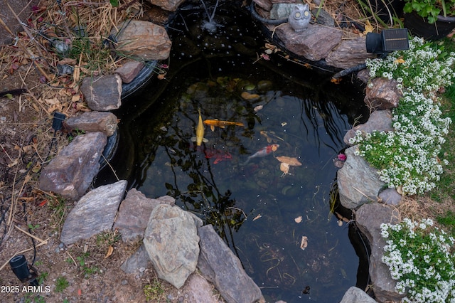 exterior details with a garden pond