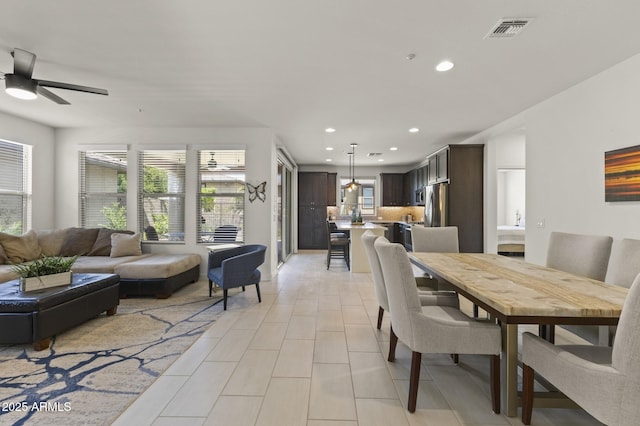 13204 W Via Dona Rd, Peoria, AZ 85383 - dining area featuring visible vents, ceiling fan, recessed lighting, and light tile patterned floors