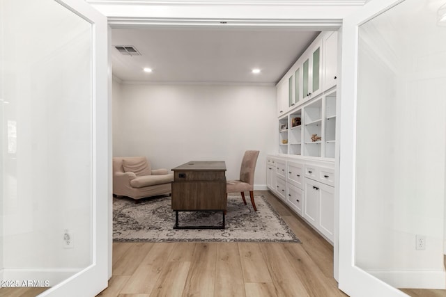 18614 E Oriole Way, Queen Creek, AZ 85142 - home office featuring light wood-style floors, recessed lighting, ornamental molding, and baseboards