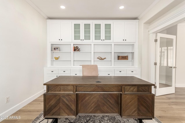 18614 E Oriole Way, Queen Creek, AZ 85142 - unfurnished office featuring baseboards, light wood-style floors, recessed lighting, crown molding, and french doors