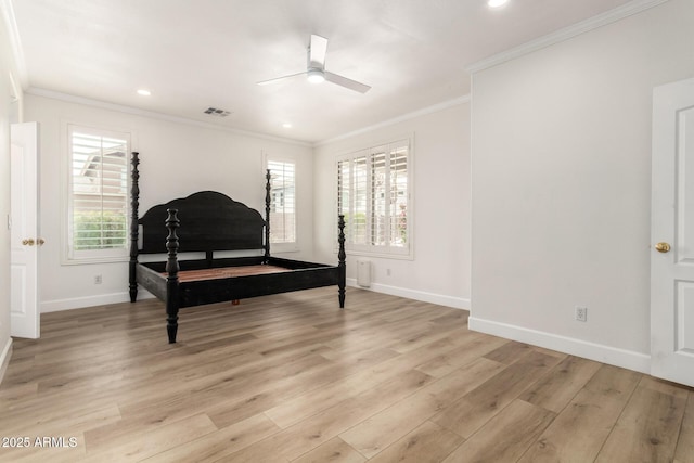 18614 E Oriole Way, Queen Creek, AZ 85142 - bedroom with ornamental molding, baseboards, light wood-type flooring, recessed lighting, and a ceiling fan