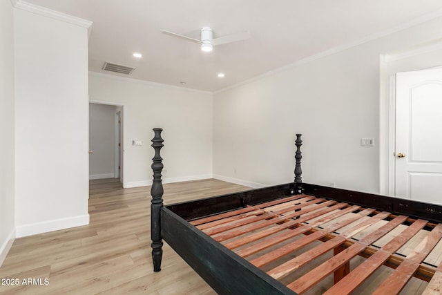 18614 E Oriole Way, Queen Creek, AZ 85142 - unfurnished bedroom featuring light wood-type flooring, ornamental molding, baseboards, recessed lighting, and a ceiling fan
