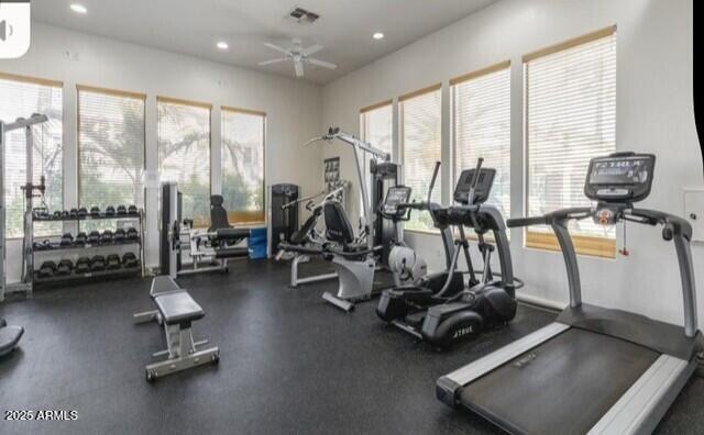 15221 N Clubgate Dr Unit 2096, Scottsdale, AZ 85254 - gym featuring ceiling fan and recessed lighting