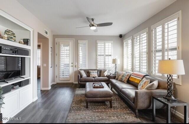 15221 N Clubgate Dr Unit 2096, Scottsdale, AZ 85254 - living area featuring ceiling fan, plenty of natural light, and dark wood-style floors