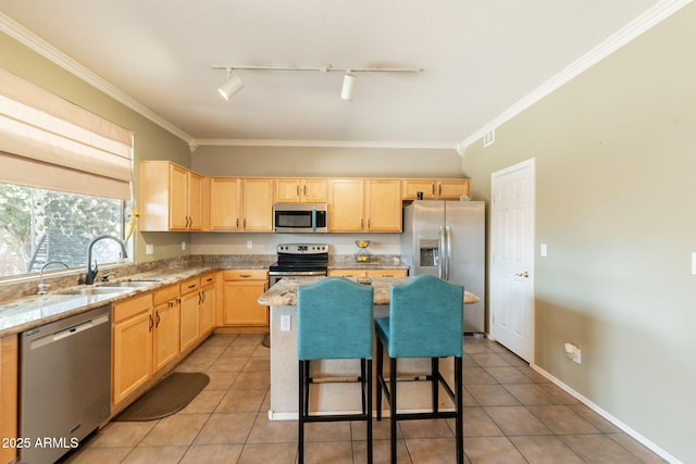 11526 W Bermuda Dr, Avondale, AZ 85392 - kitchen featuring stainless steel appliances, light brown cabinetry, light tile patterned flooring, and crown molding