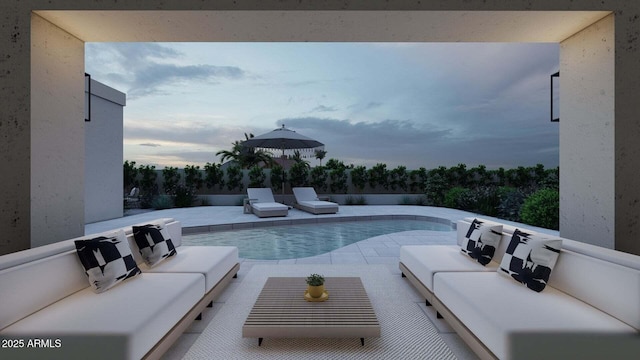 view of pool with a patio, an outdoor living space, and a fenced in pool