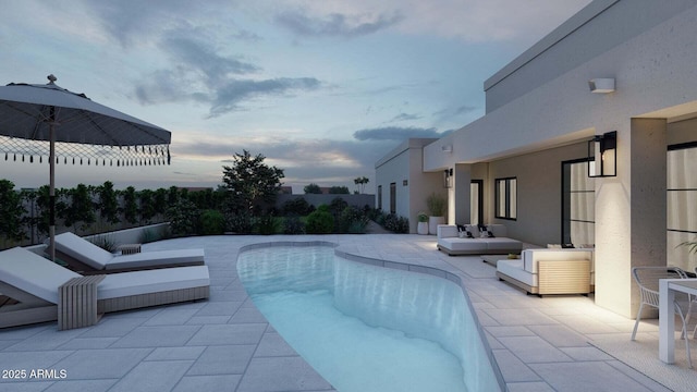 pool at dusk with a fenced in pool, outdoor lounge area, and a patio