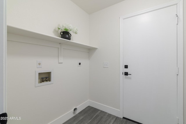 clothes washing area with washer hookup, hookup for an electric dryer, and dark wood-type flooring