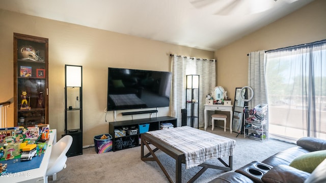 7274 W State Ave, Glendale, AZ 85303 - carpeted living area with vaulted ceiling and a ceiling fan