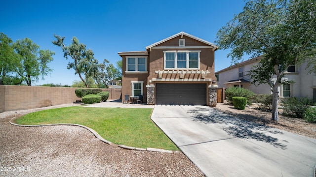 7274 W State Ave, Glendale, AZ 85303 - view of front of house featuring an attached garage, stucco siding, stone siding, and concrete driveway