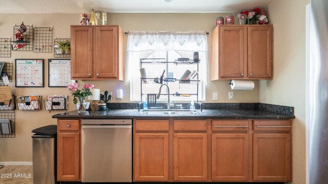 7274 W State Ave, Glendale, AZ 85303 - kitchen featuring stainless steel dishwasher, dark stone countertops, and brown cabinetry
