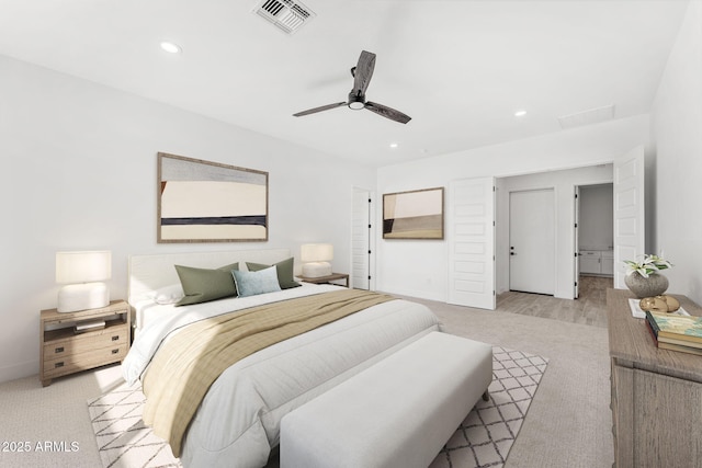 13947 E Barwick Dr, Scottsdale, AZ 85262 - bedroom featuring a ceiling fan, recessed lighting, light carpet, and visible vents
