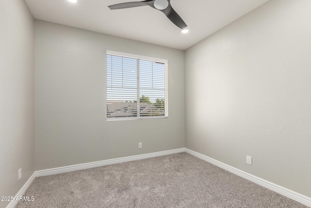 unfurnished room featuring baseboards, carpet, a ceiling fan, and recessed lighting