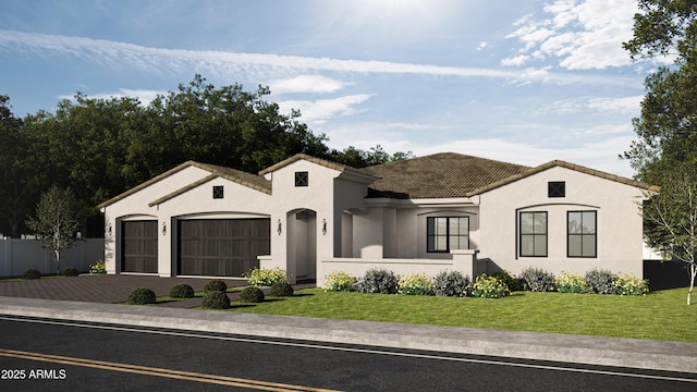 view of front of property with a garage and a front lawn