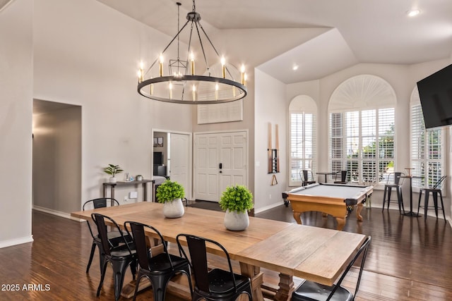 dining room featuring pool table, baseboards, wood finished floors, and high vaulted ceiling