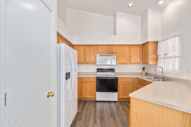 kitchen featuring high vaulted ceiling, dark hardwood / wood-style flooring, sink, and white appliances