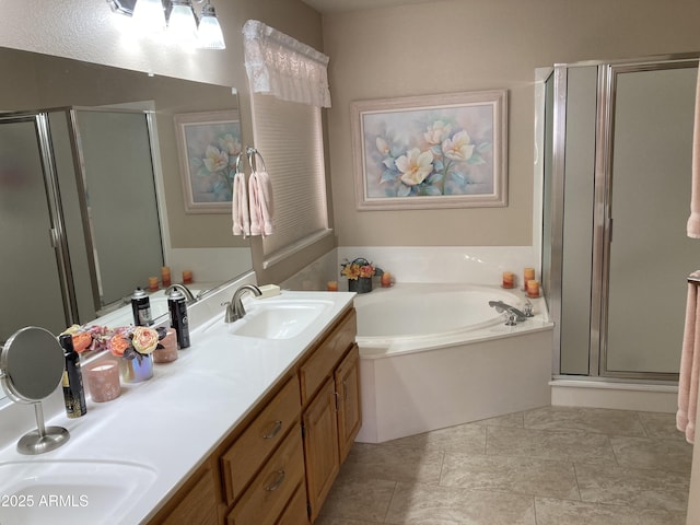 bathroom featuring vanity, tile patterned floors, and plus walk in shower