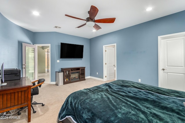 carpeted bedroom with ceiling fan