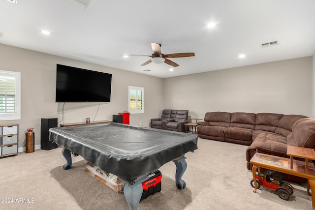 game room with light carpet, plenty of natural light, ceiling fan, and billiards