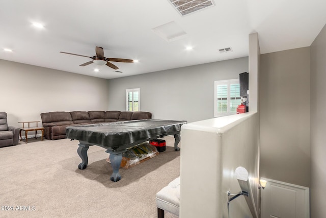 recreation room with ceiling fan, carpet floors, and pool table