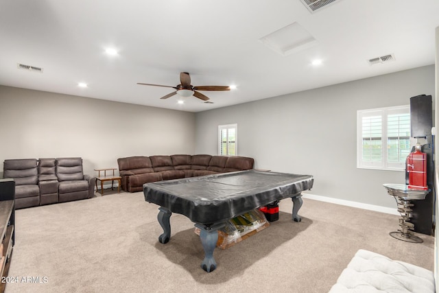 rec room featuring ceiling fan, light colored carpet, and pool table