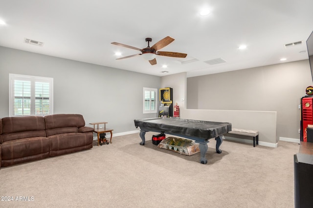 recreation room with ceiling fan, light colored carpet, and billiards