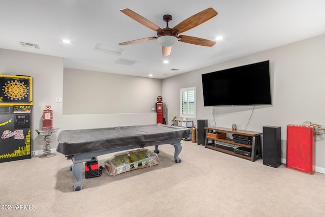 rec room with carpet flooring, ceiling fan, and pool table