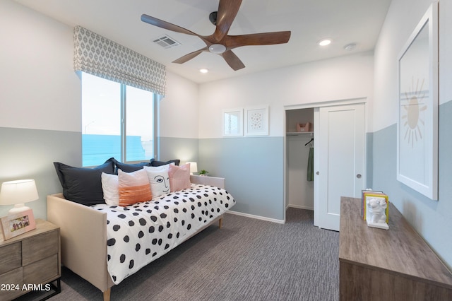 carpeted bedroom with ceiling fan, a closet, visible vents, and recessed lighting