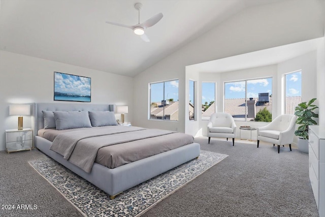 carpeted bedroom featuring ceiling fan and high vaulted ceiling