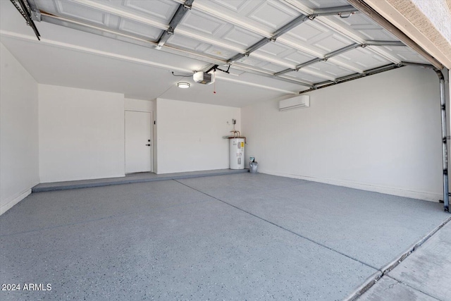 garage featuring a wall mounted AC, water heater, and a garage door opener