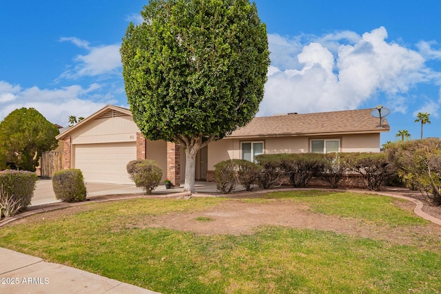 single story home with an attached garage, brick siding, driveway, stucco siding, and a front yard