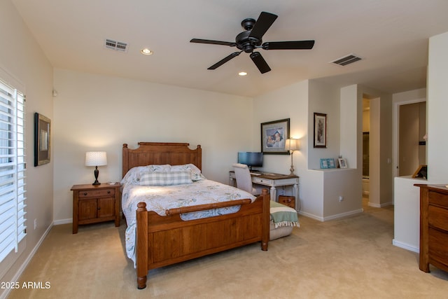 carpeted bedroom with ceiling fan