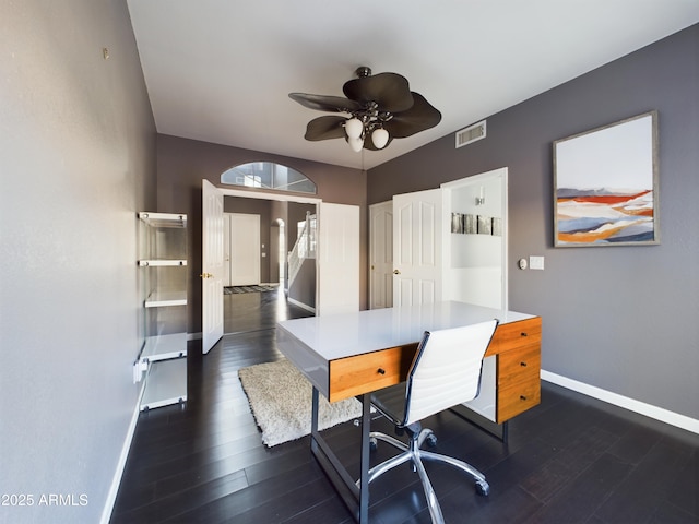 office with ceiling fan, baseboards, visible vents, and dark wood finished floors