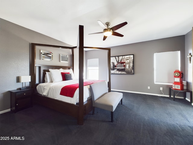 bedroom featuring dark colored carpet, ceiling fan, and baseboards