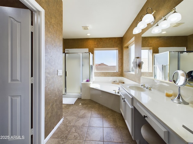 full bath with a garden tub, vanity, visible vents, tile patterned floors, and a stall shower