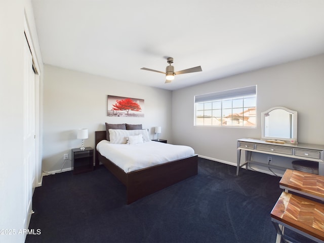 bedroom featuring dark colored carpet, a closet, a ceiling fan, and baseboards