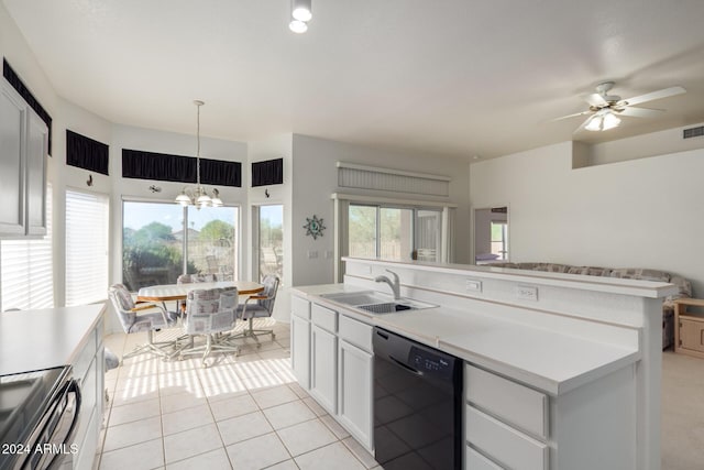 11553 W Sonoran Ct, Surprise, AZ 85378 - kitchen featuring ceiling fan with notable chandelier, sink, dishwasher, white cabinetry, and stainless steel range with electric cooktop