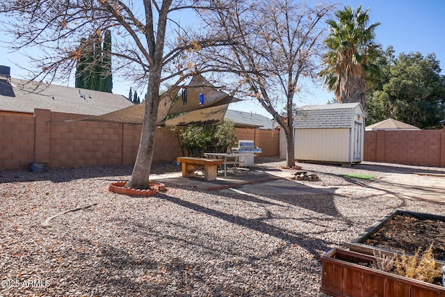 view of yard featuring a storage shed and a patio