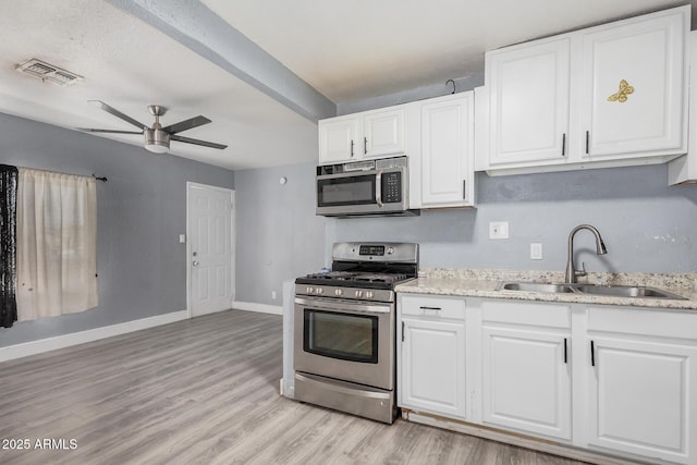 3913 W Sherman St, Phoenix, AZ 85009 - kitchen featuring stainless steel appliances, a sink, a ceiling fan, light wood finished floors, and white cabinetry